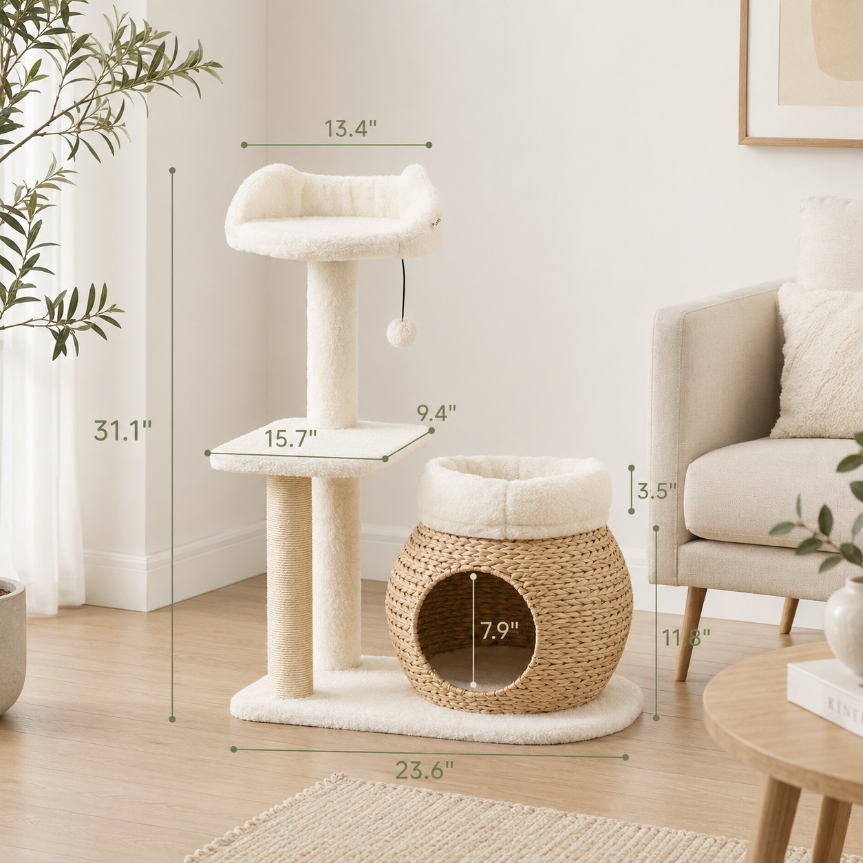 Modern Cat Tree Tower with Rattan Condo, Sisal Scratching Post & Plush Perch