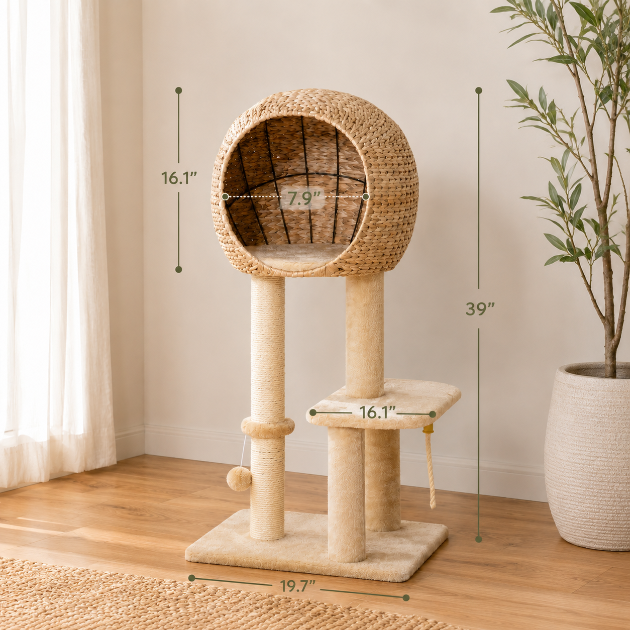 Modern Cat Tree with Sisal Scratching Post, Rattan Ball Condo & Hanging Toy