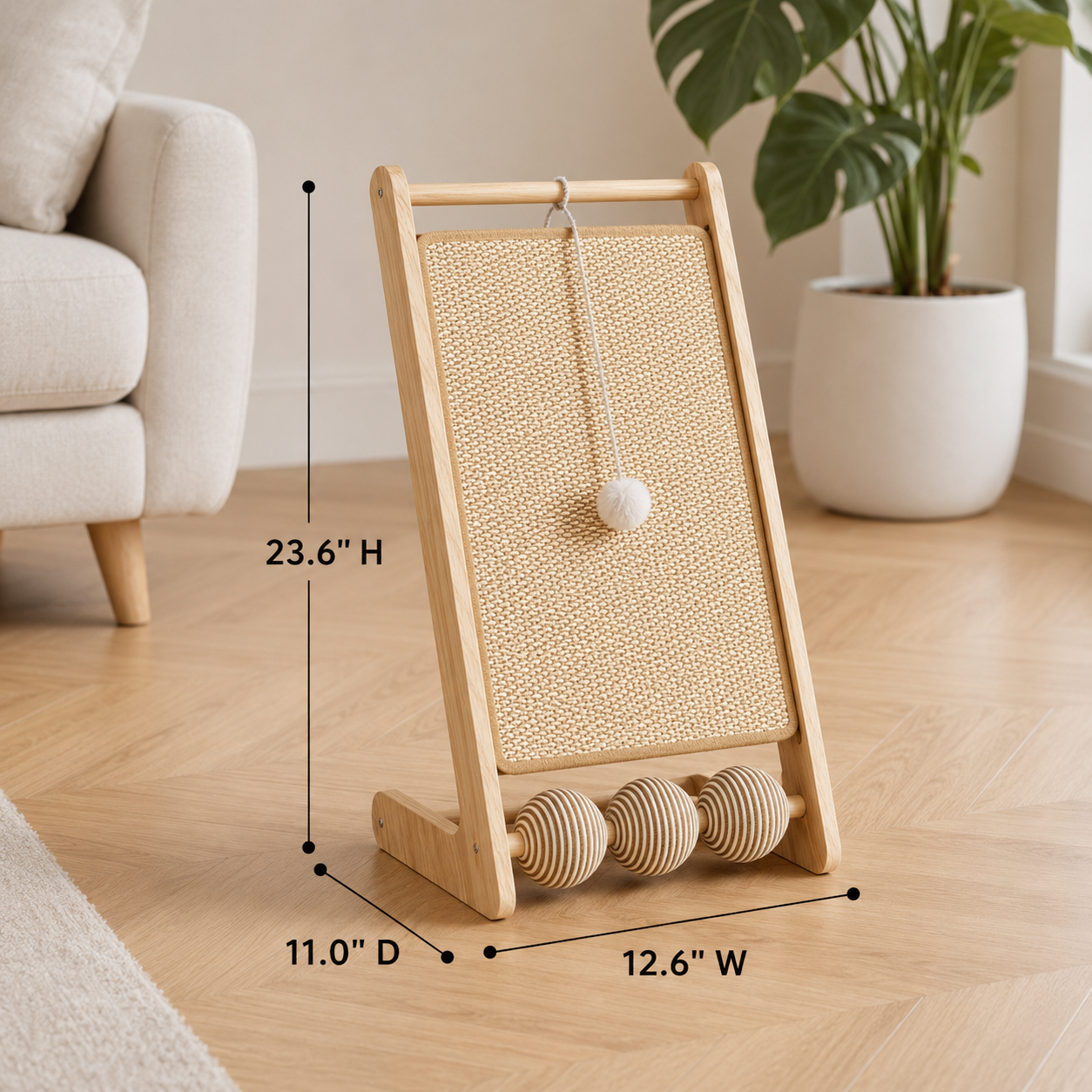 Vertical Sisal Cat Scratcher with Wooden Frame Hanging Teaser Ball and Roller Balls