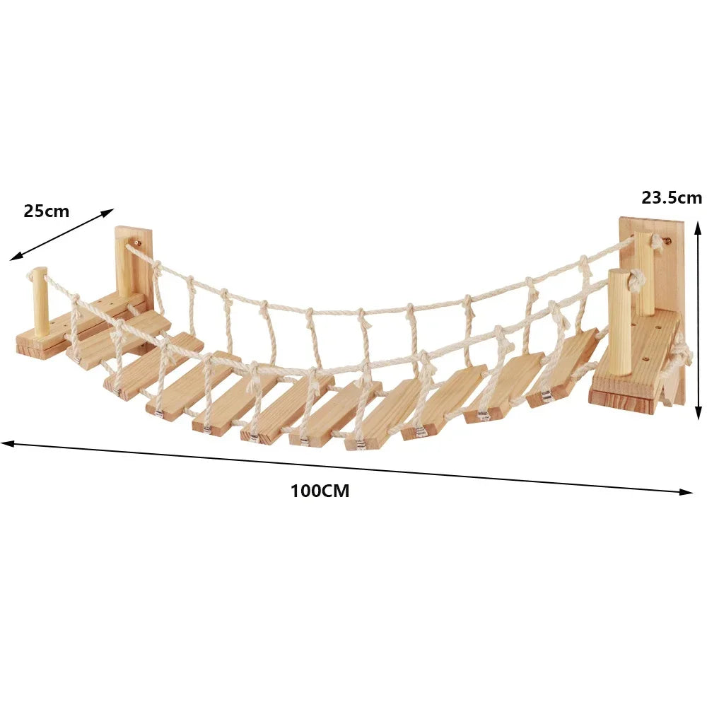 Wall-Mounted Cat Climbing Bridge with Rope Ladder and Hammock