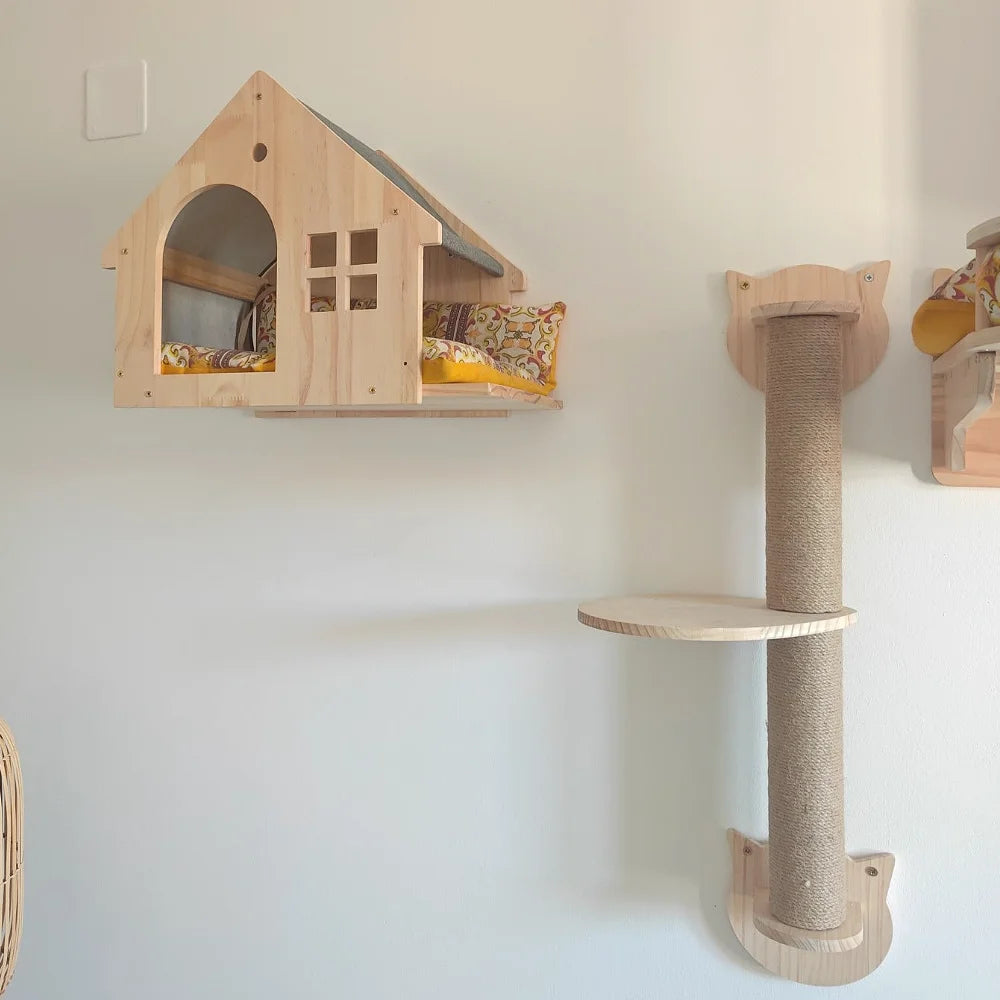 Wall-Mounted Cat Climbing Bridge with Rope Ladder and Hammock