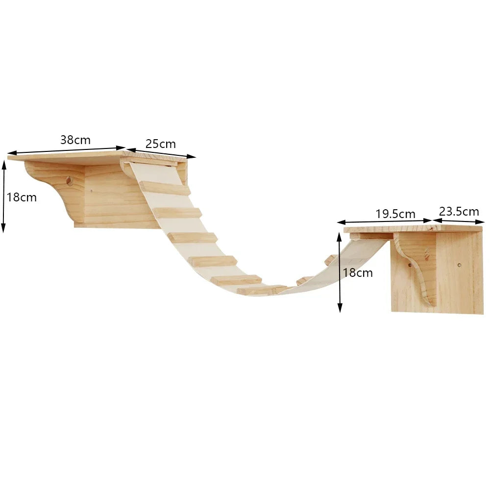 Wall-Mounted Cat Climbing Bridge with Rope Ladder and Hammock