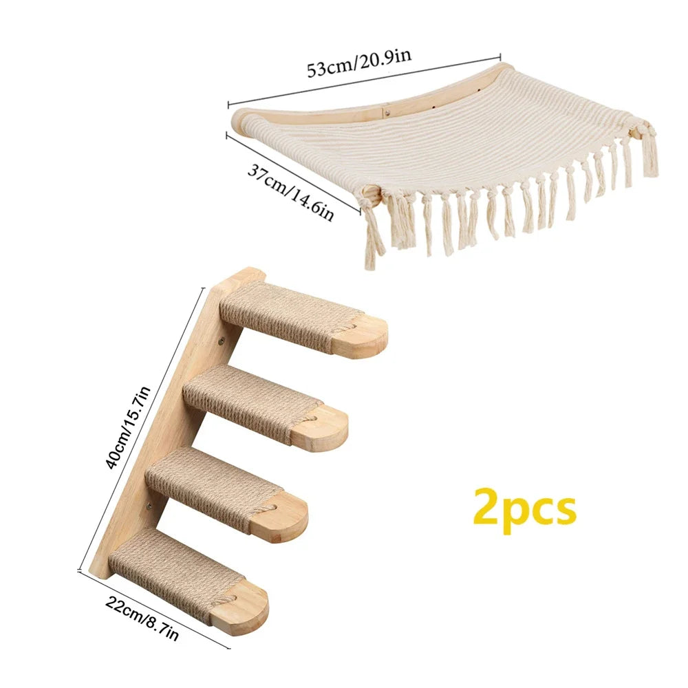 Wall-Mounted Cat Climbing Bridge with Rope Ladder and Hammock