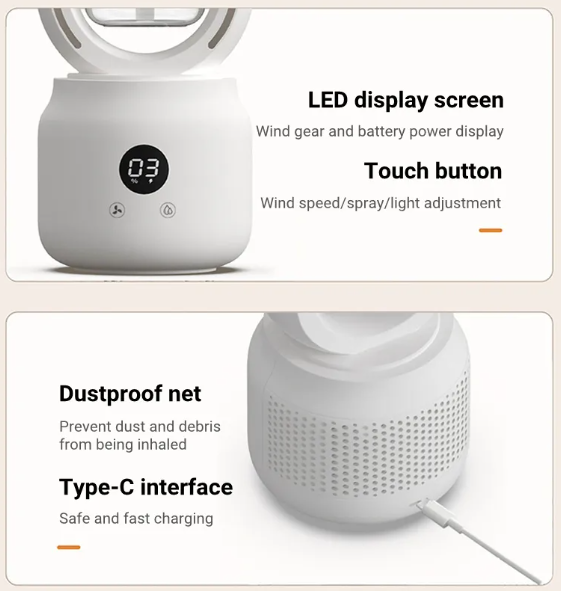 Bladeless USB Spray Mist Electric Fan & Air Humidifier (Rechargeable, Tabletop)