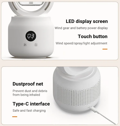 Bladeless USB Spray Mist Electric Fan & Air Humidifier (Rechargeable, Tabletop)