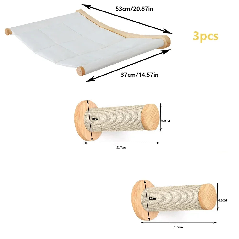 Wall-Mounted Cat Climbing Bridge with Rope Ladder and Hammock