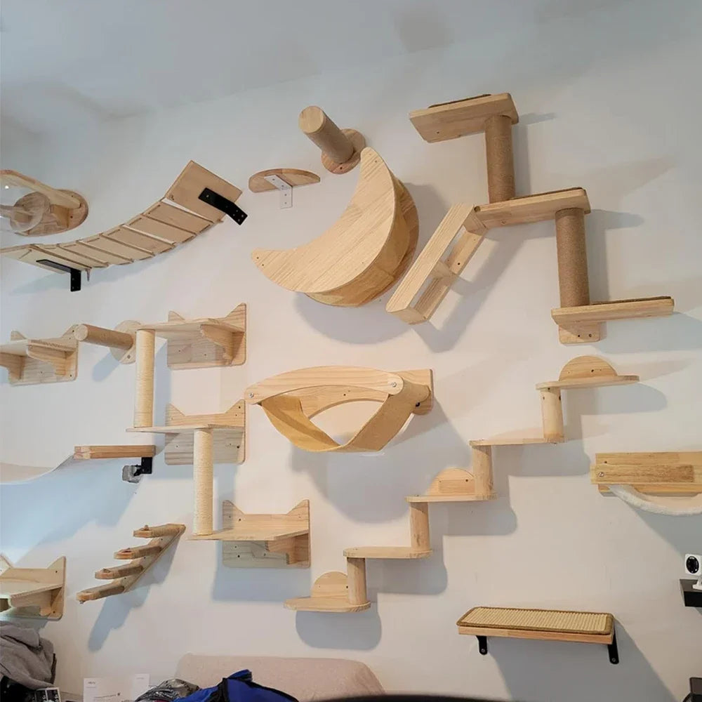 Wall-Mounted Cat Climbing Bridge with Rope Ladder and Hammock