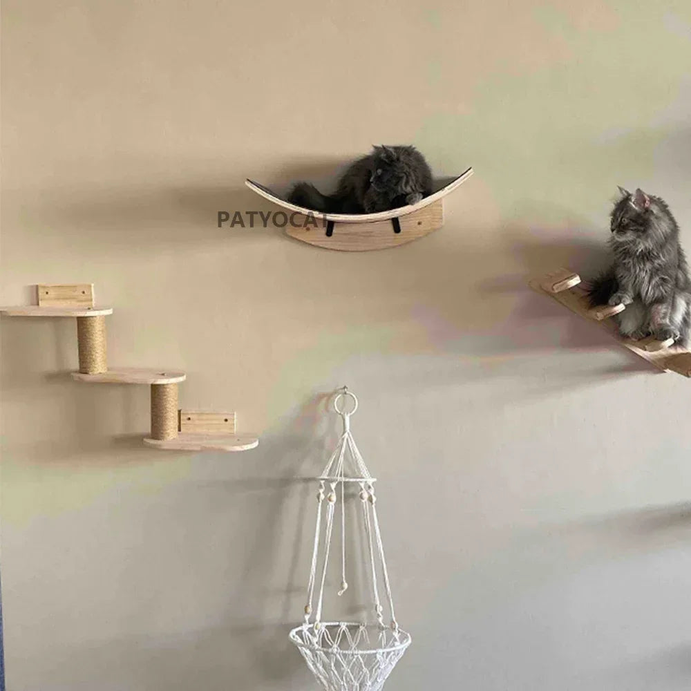 Wall-Mounted Cat Climbing Bridge with Rope Ladder and Hammock