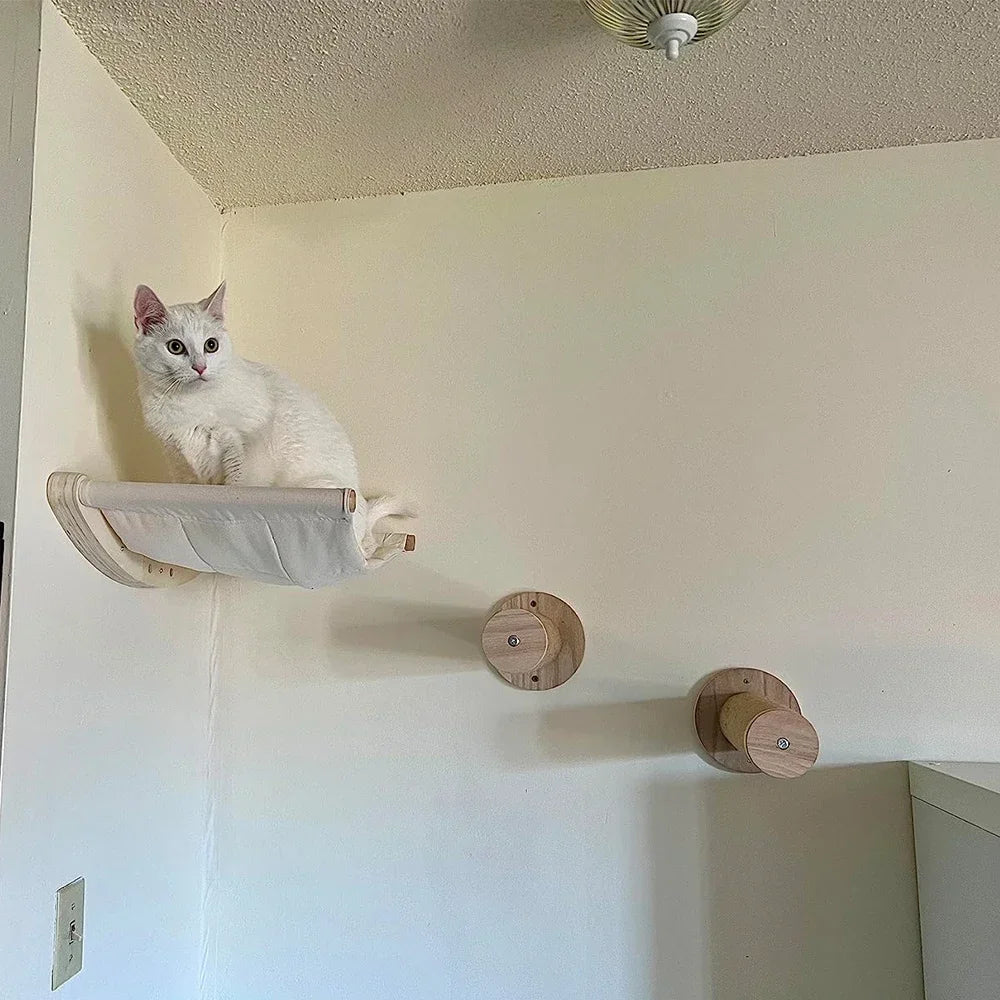 Wall-Mounted Cat Climbing Bridge with Rope Ladder and Hammock