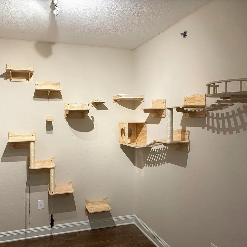 Wall-Mounted Cat Climbing Bridge with Rope Ladder and Hammock
