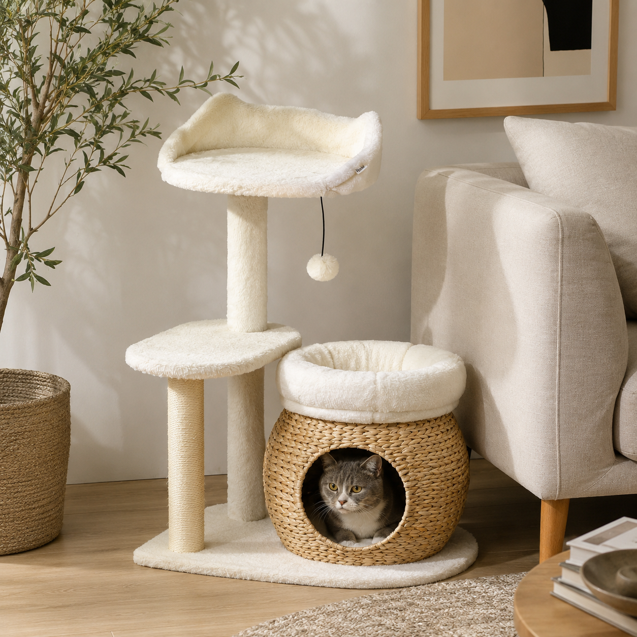 Modern Cat Tree Tower with Rattan Condo, Sisal Scratching Post & Plush Perch