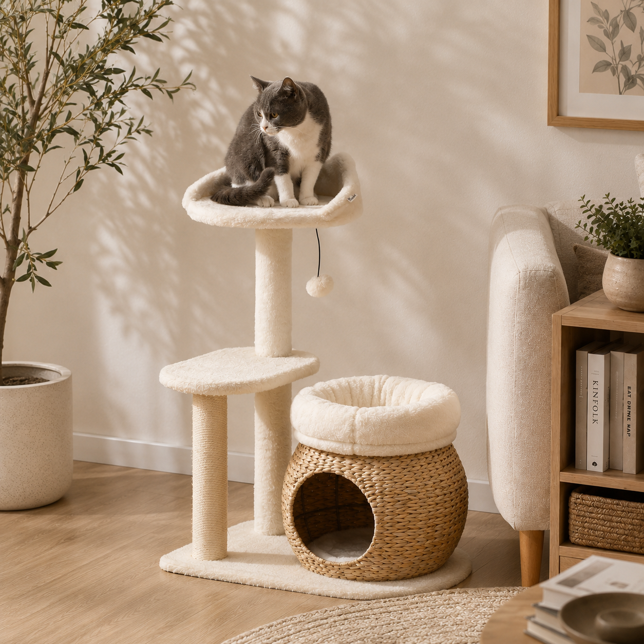 Modern Cat Tree Tower with Rattan Condo, Sisal Scratching Post & Plush Perch