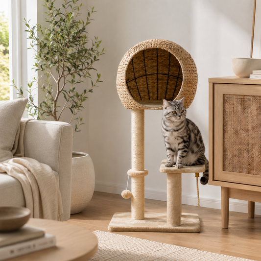 Modern Cat Tree with Sisal Scratching Post, Rattan Ball Condo & Hanging Toy