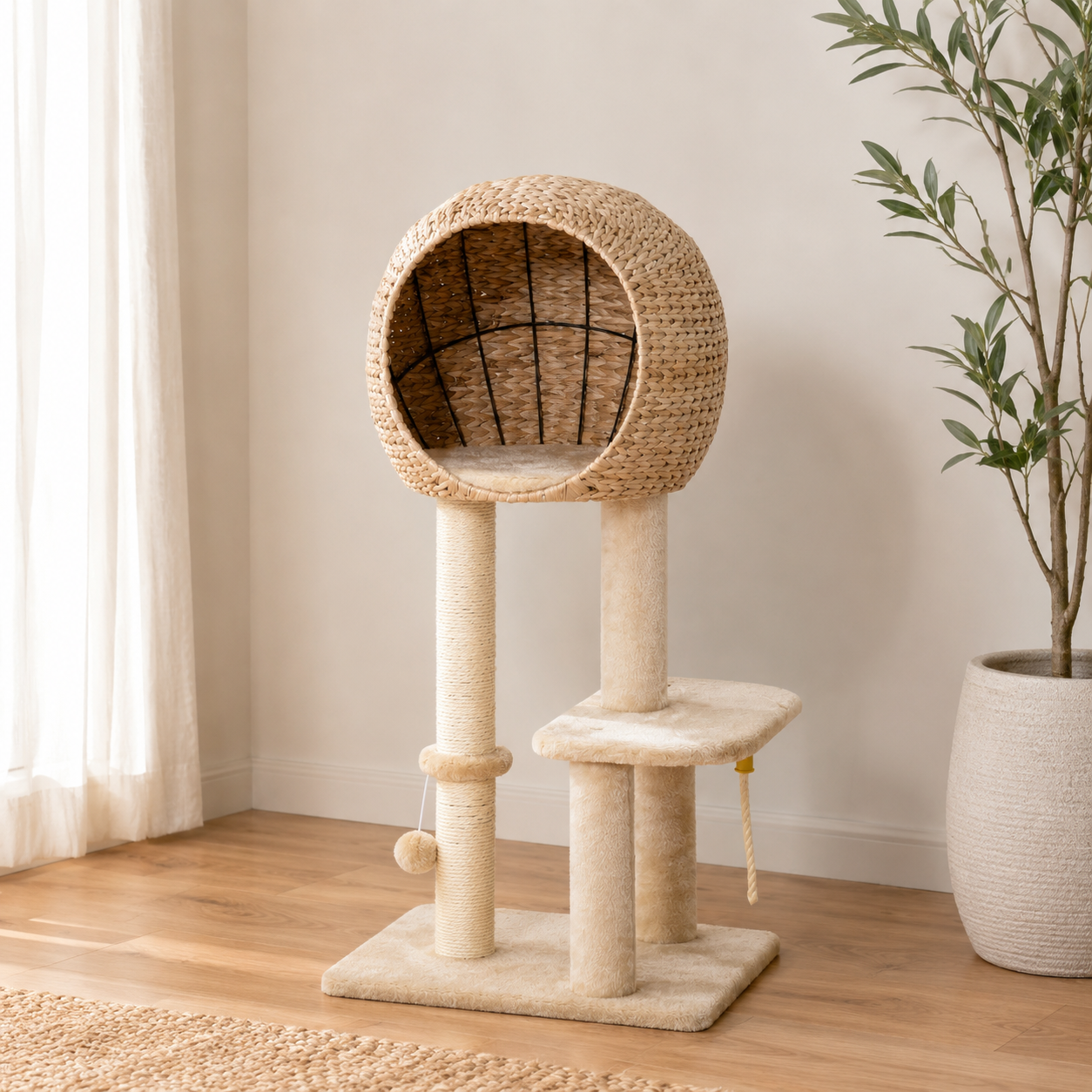 Modern Cat Tree with Sisal Scratching Post, Rattan Ball Condo & Hanging Toy