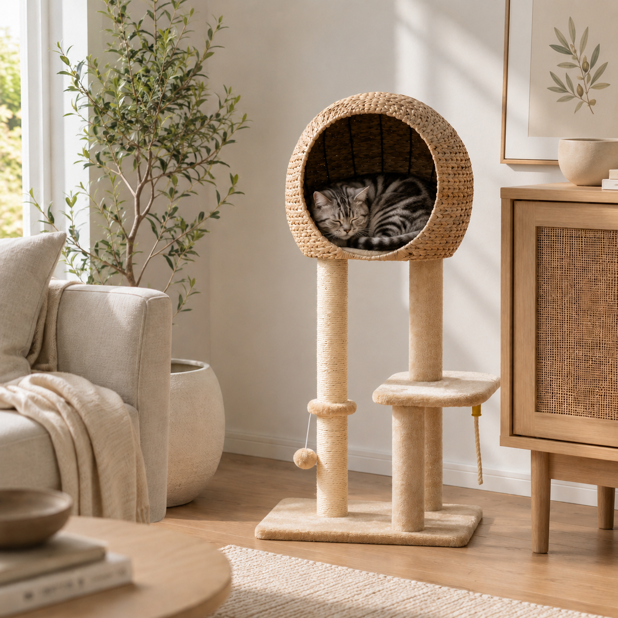 Modern Cat Tree with Sisal Scratching Post, Rattan Ball Condo & Hanging Toy