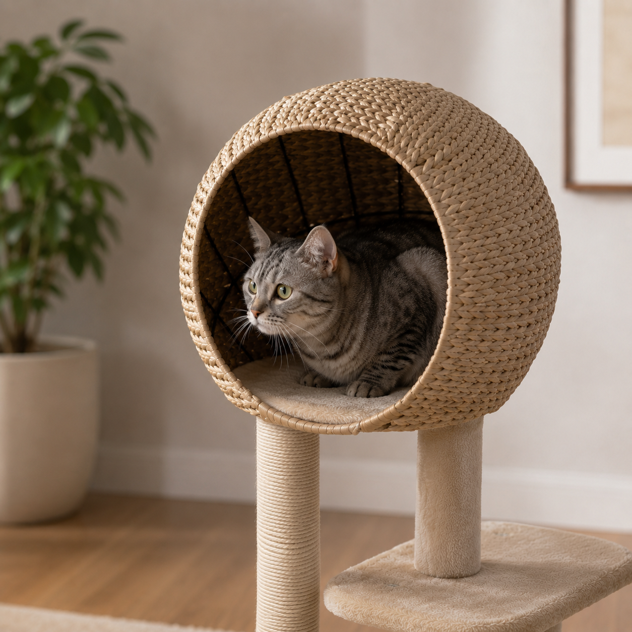 Modern Cat Tree with Sisal Scratching Post, Rattan Ball Condo & Hanging Toy