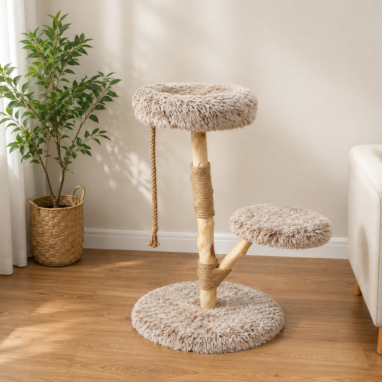 Modern Cat Tree with Wooden Scratching Post, Plush Perches & Hanging Rope Toy
