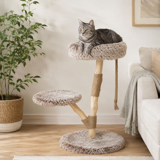 Modern Cat Tree with Wooden Scratching Post, Plush Perches & Hanging Rope Toy