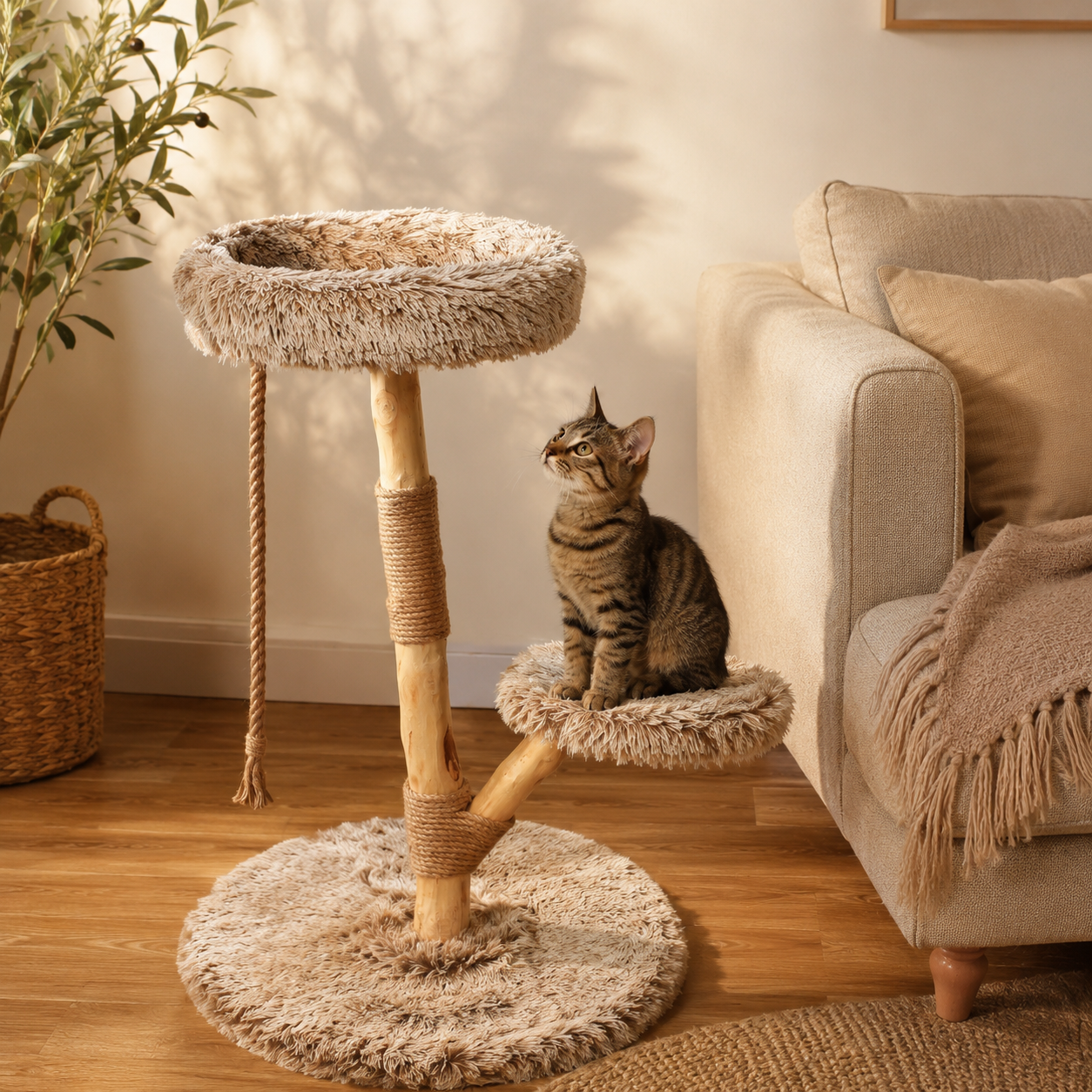 Modern Cat Tree with Wooden Scratching Post, Plush Perches & Hanging Rope Toy