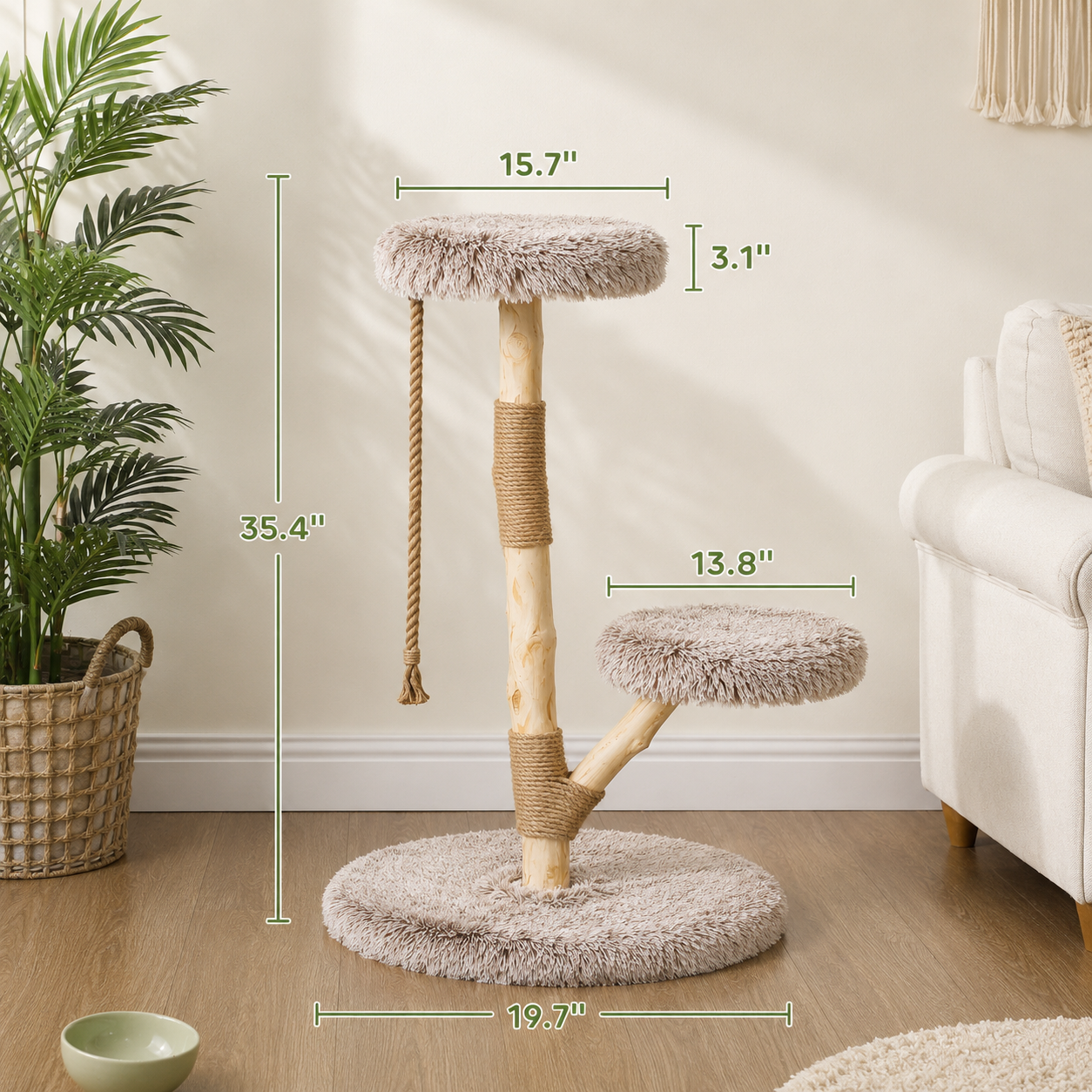 Modern Cat Tree with Wooden Scratching Post, Plush Perches & Hanging Rope Toy