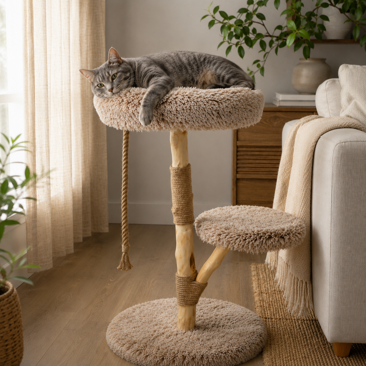 Modern Cat Tree with Wooden Scratching Post, Plush Perches & Hanging Rope Toy