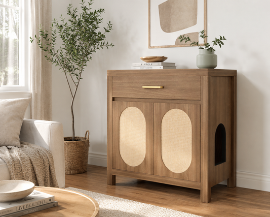 Cat Litter Box Enclosure Cabinet Hidden Litter Box Furniture Wooden Cat House with Scratching Board Rattan Doors Storage Drawer Espresso