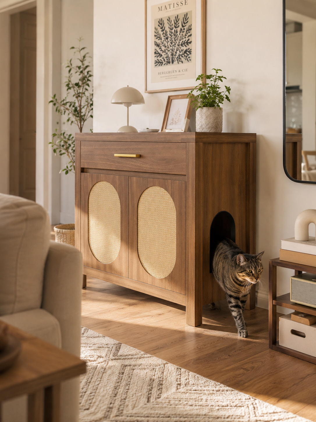 Cat Litter Box Enclosure Cabinet Hidden Litter Box Furniture Wooden Cat House with Scratching Board Rattan Doors Storage Drawer Espresso