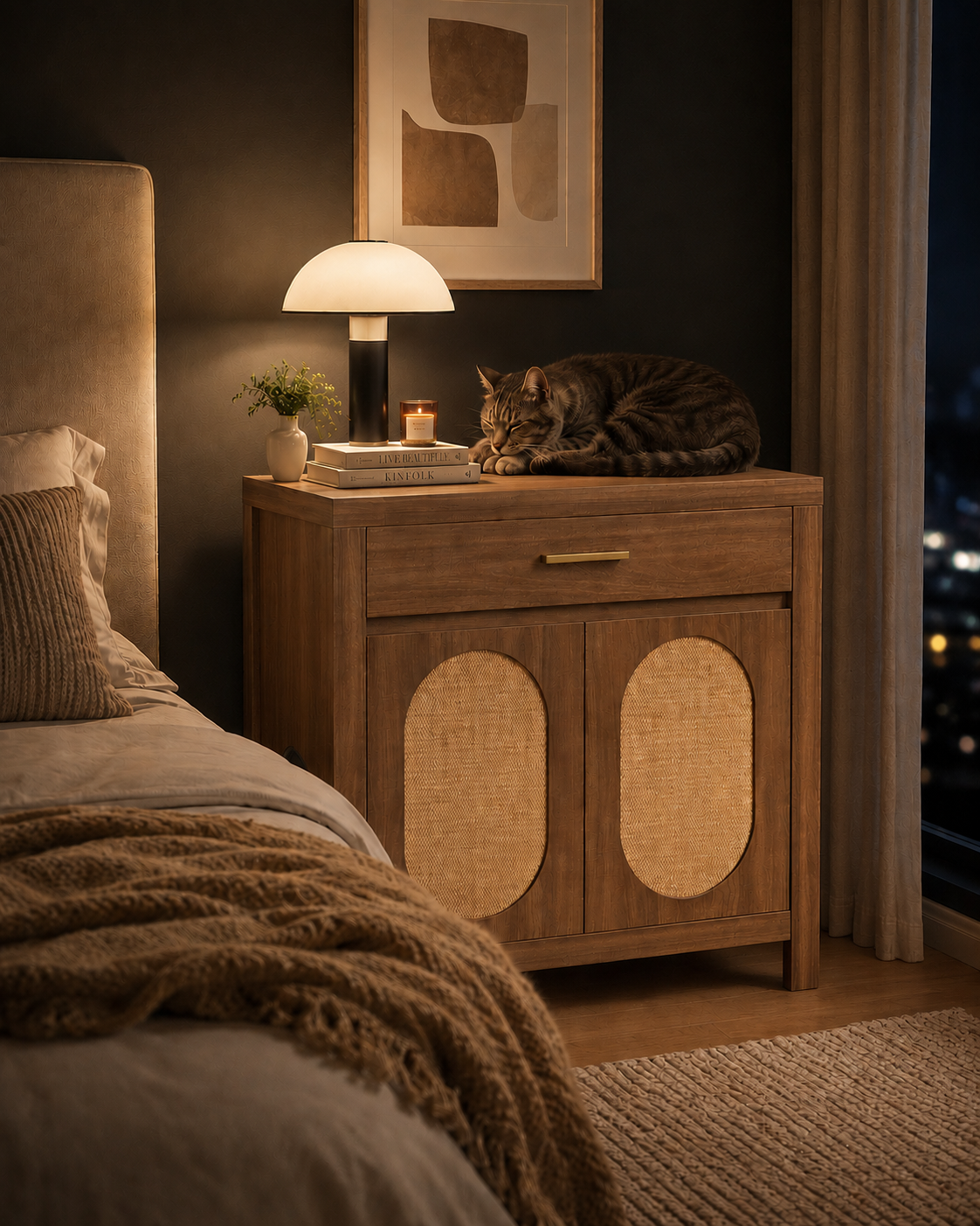 Cat Litter Box Enclosure Cabinet Hidden Litter Box Furniture Wooden Cat House with Scratching Board Rattan Doors Storage Drawer Espresso