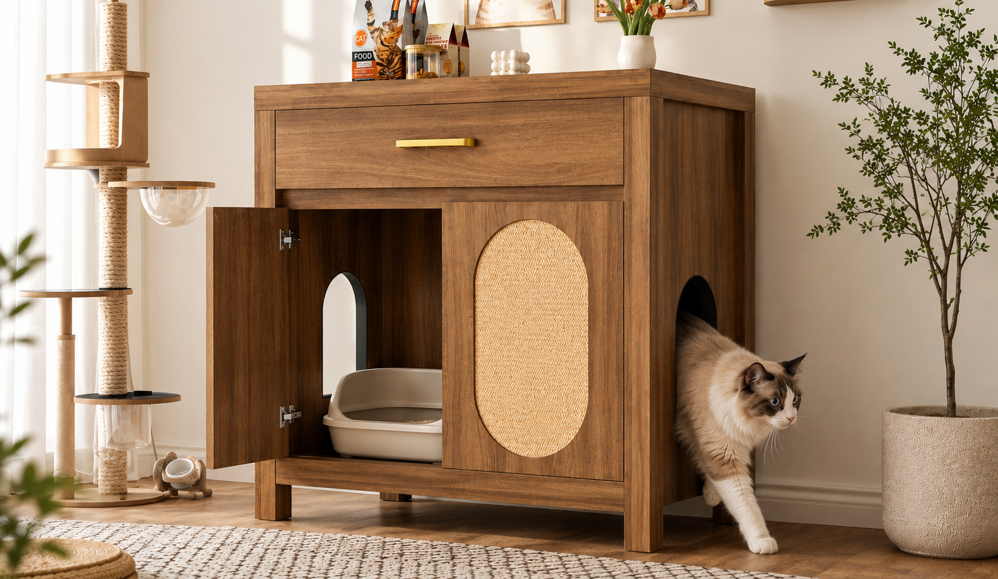 Cat Litter Box Enclosure Cabinet Hidden Litter Box Furniture Wooden Cat House with Scratching Board Rattan Doors Storage Drawer Espresso