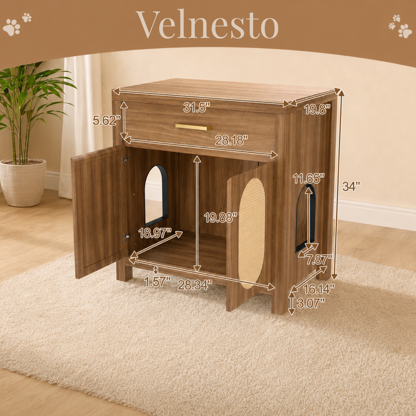 Cat Litter Box Enclosure Cabinet Hidden Litter Box Furniture Wooden Cat House with Scratching Board Rattan Doors Storage Drawer Espresso
