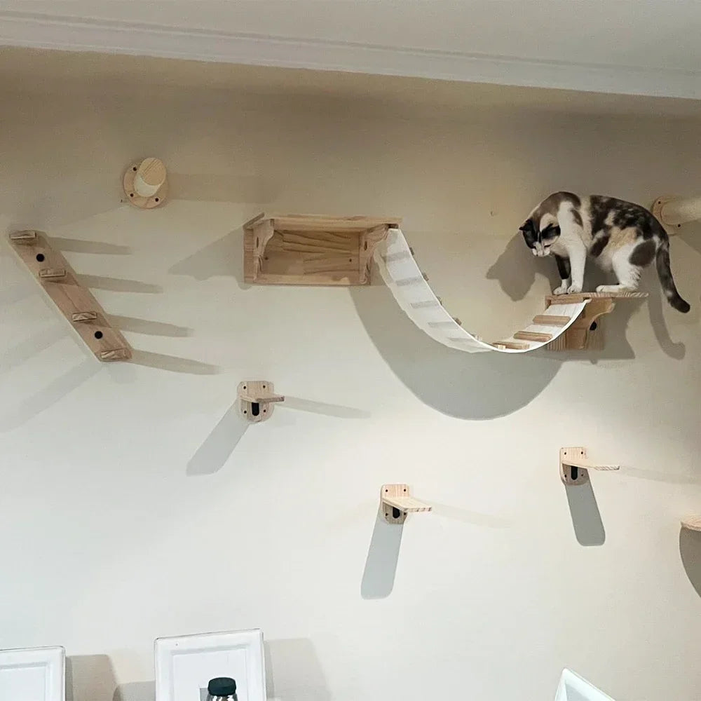 Wall-Mounted Cat Climbing Bridge with Rope Ladder and Hammock