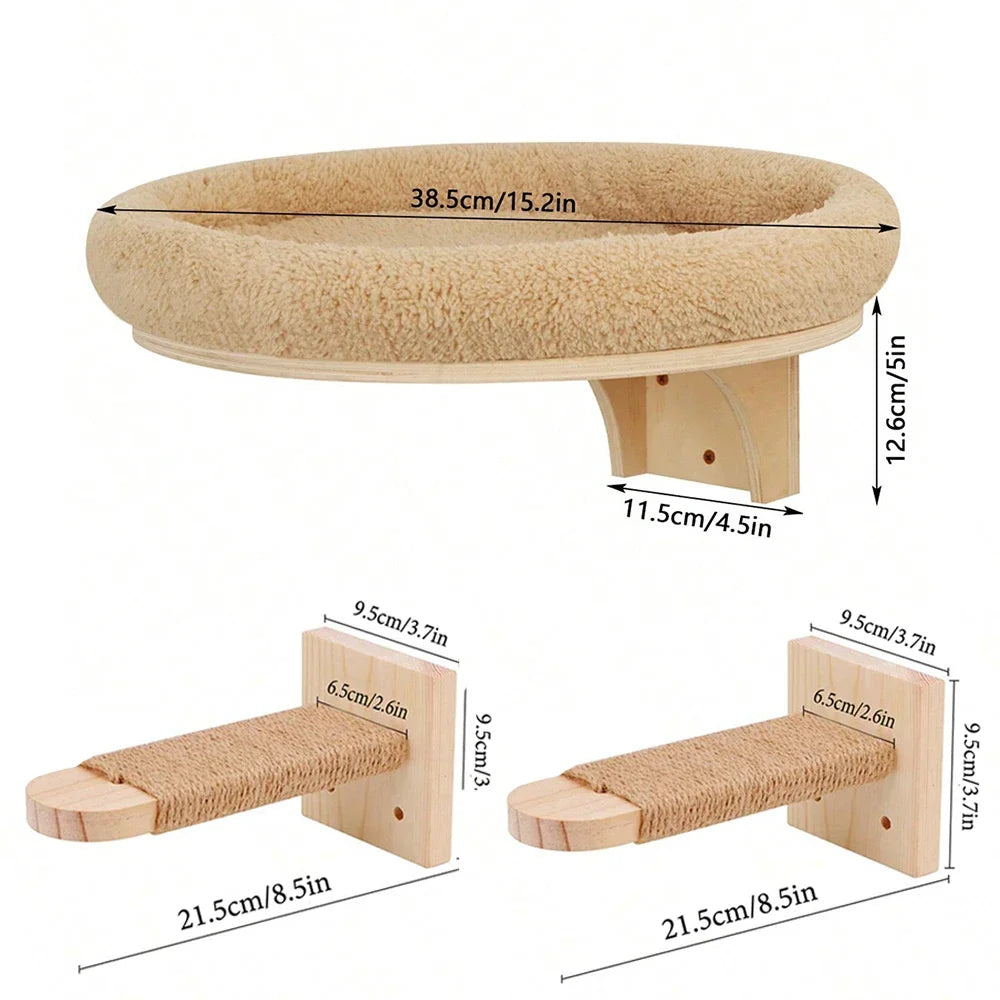 Wall-Mounted Cat Climbing Bridge with Rope Ladder and Hammock