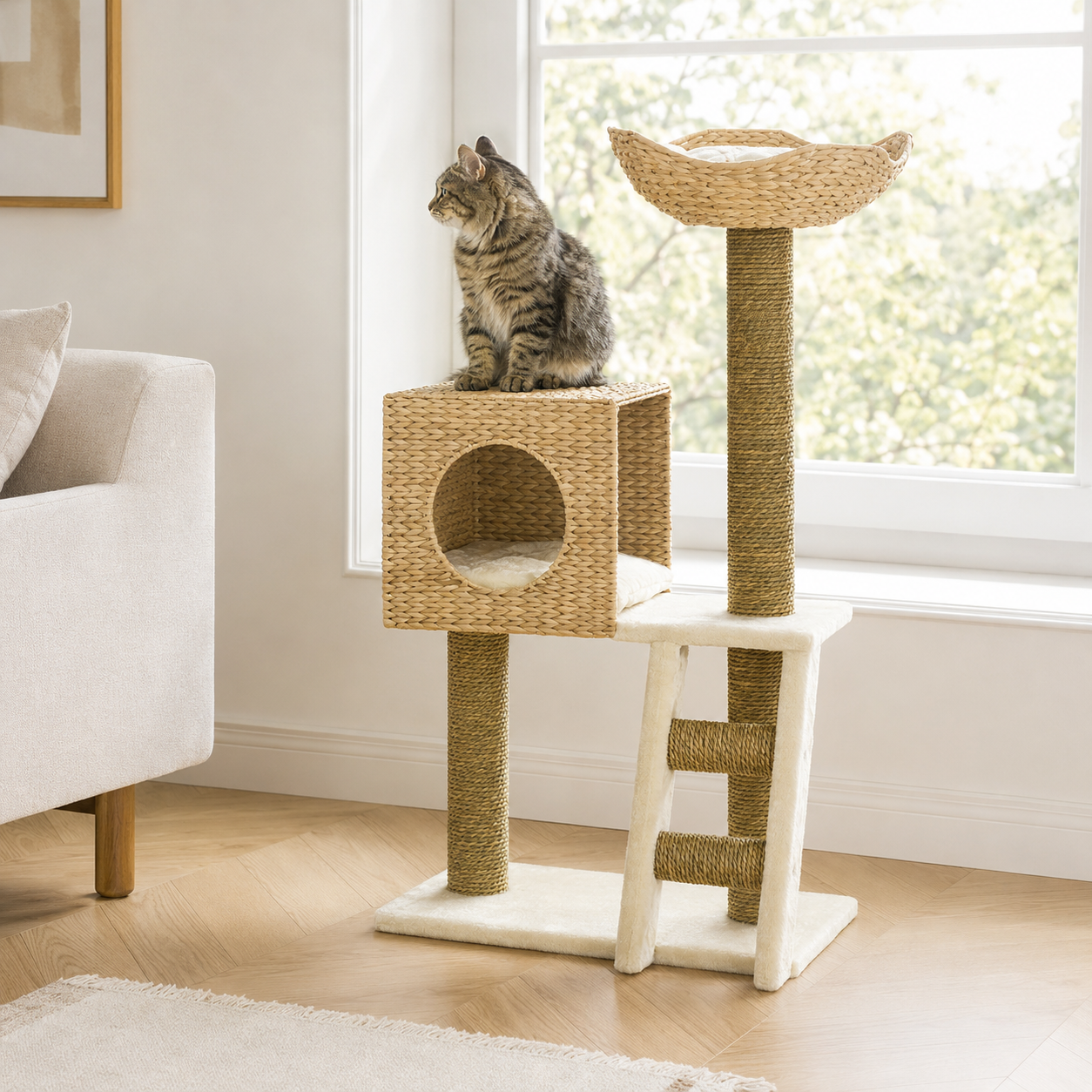 Modern Cattail Weave Cat Tree Tower with Rattan Condo & Sisal Scratching Post | Velnesto