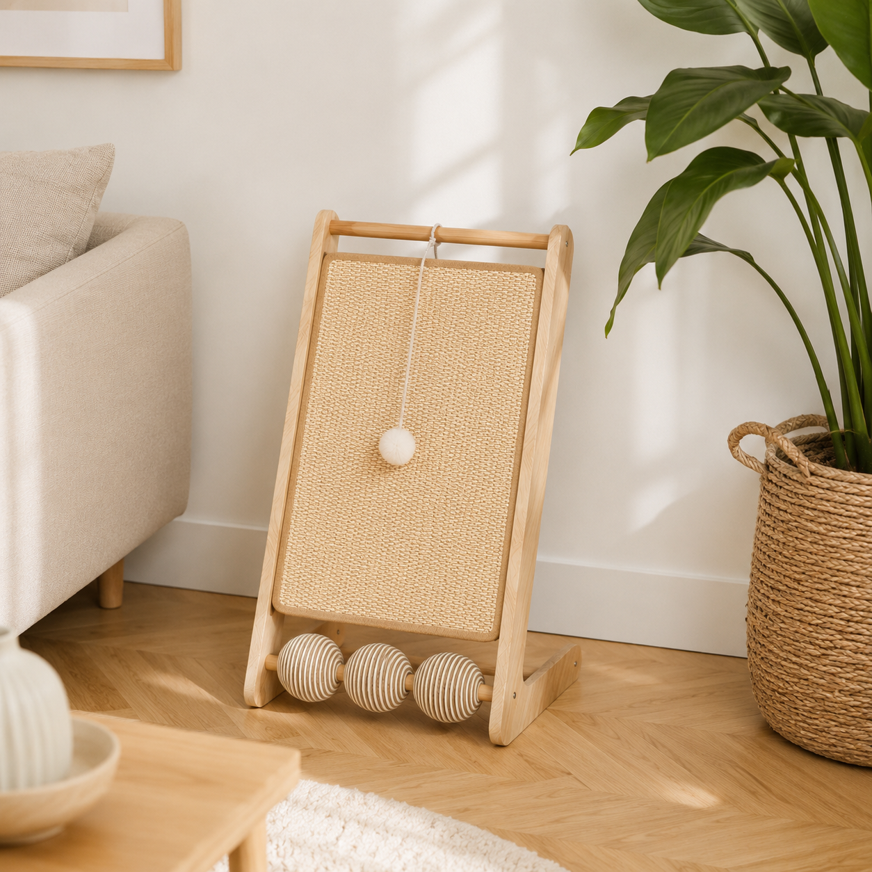 Vertical Sisal Cat Scratcher with Wooden Frame Hanging Teaser Ball and Roller Balls