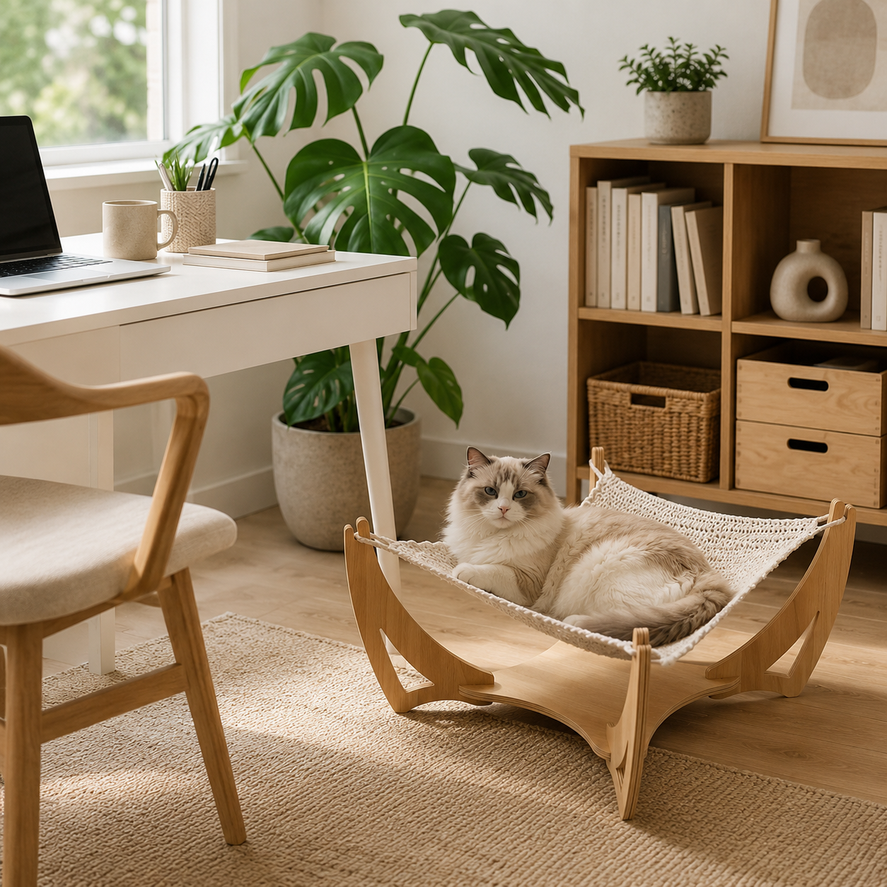 Woven Cat Sling Bed with Solid Wood Frame
