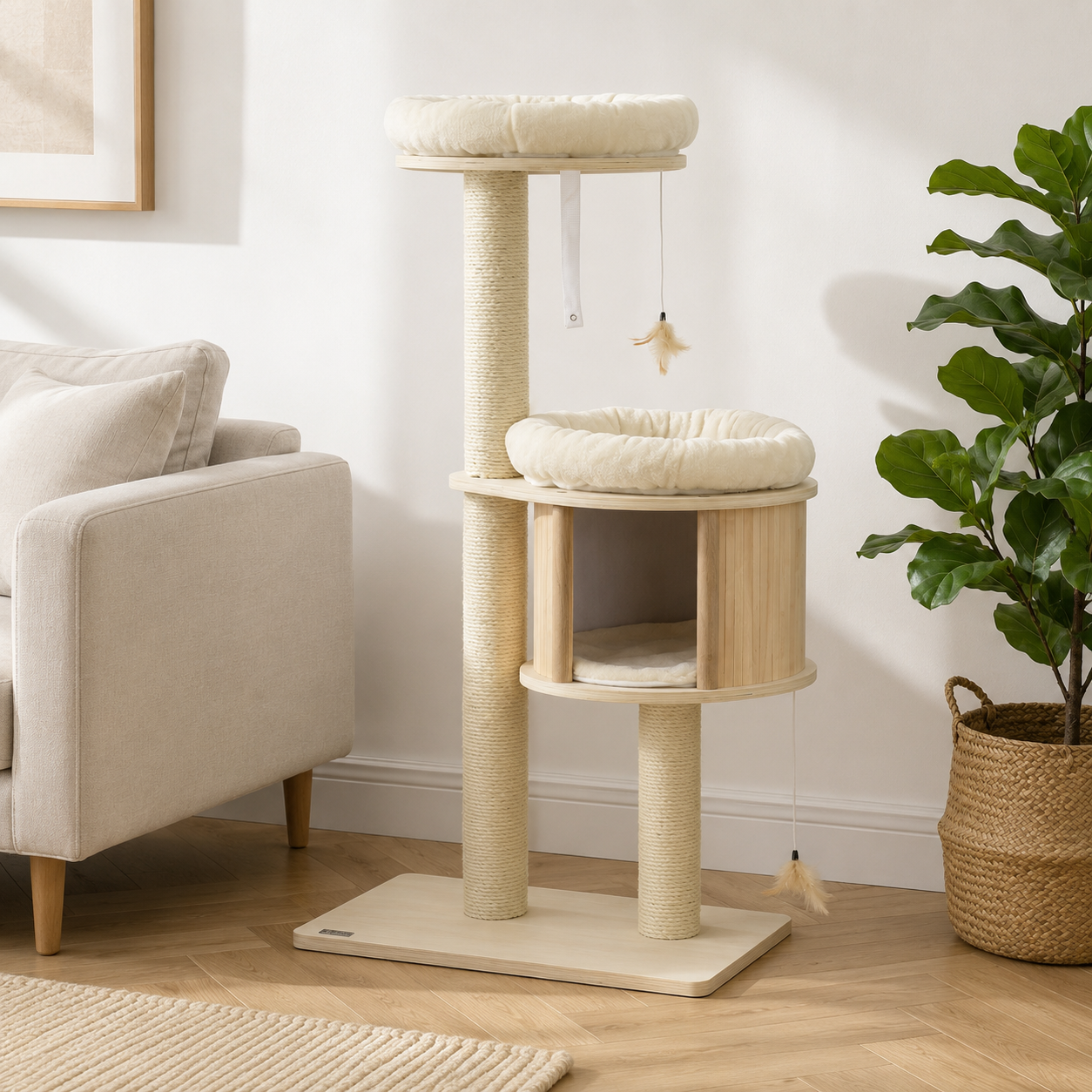 Modern Cat Tree with Sisal Scratching Posts Wooden Condo 3 Platforms Plush Perches Badminton Toys