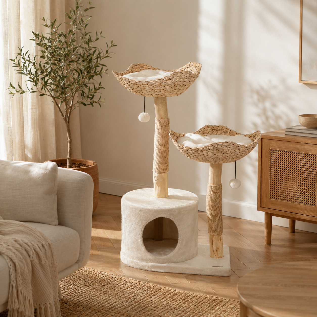 Modern Rattan Cat Tree with Wooden Scratching Posts Condo Hammock Beds Cushions Toy Balls Anti-Tip Kit