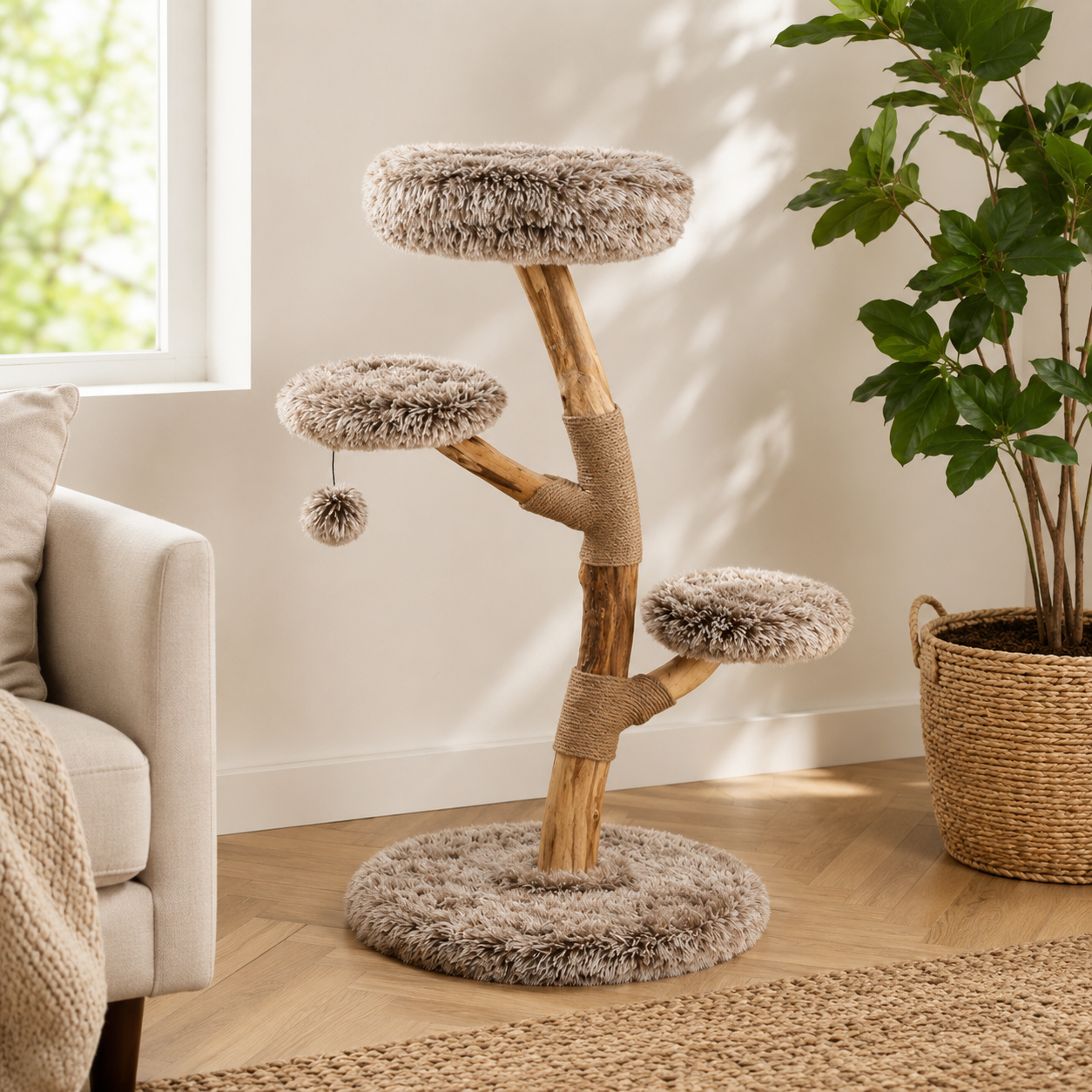 Natural Pear Wood Cat Tree with Plush Perches Jute Scratching Posts 4 Levels Anti-Tip Kit