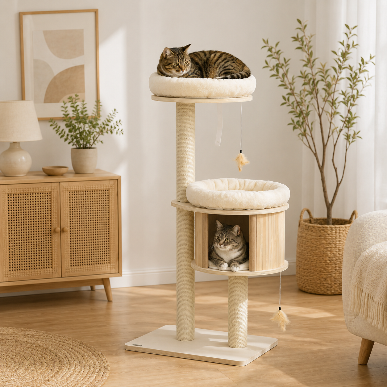Modern Cat Tree with Sisal Scratching Posts Wooden Condo 3 Platforms Plush Perches Badminton Toys