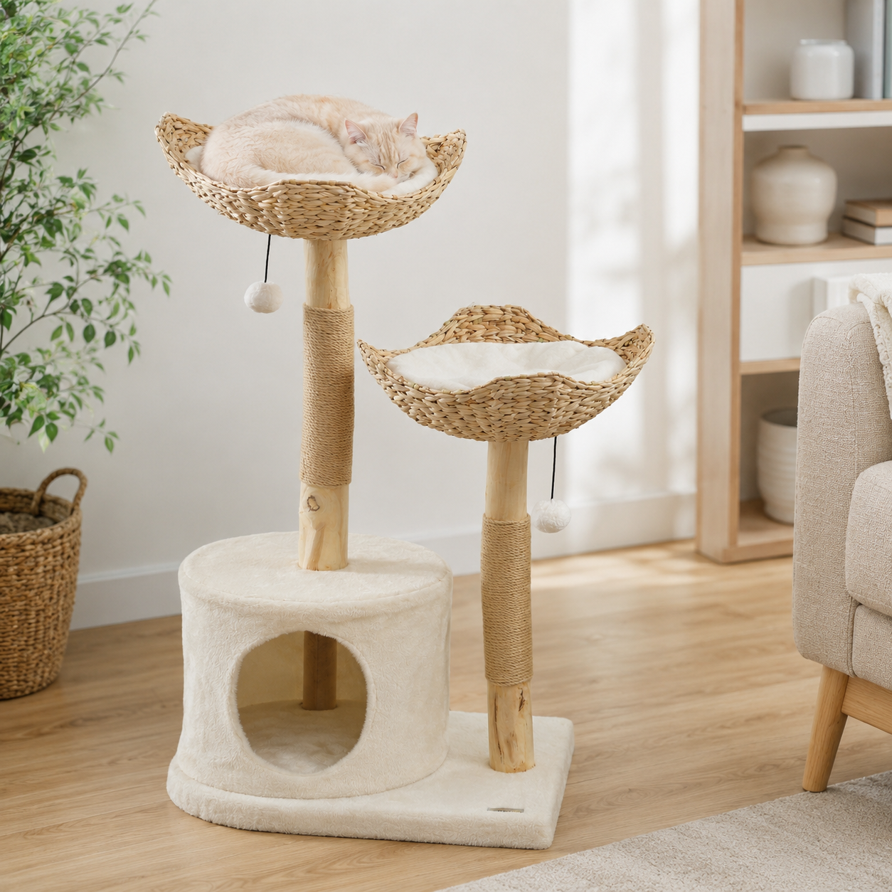 Modern Rattan Cat Tree with Wooden Scratching Posts Condo Hammock Beds Cushions Toy Balls Anti-Tip Kit