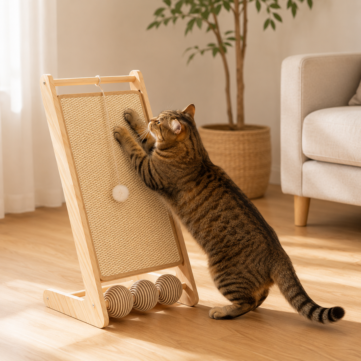 Vertical Sisal Cat Scratcher with Wooden Frame Hanging Teaser Ball and Roller Balls