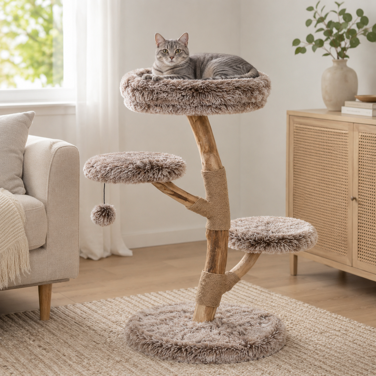 Natural Pear Wood Cat Tree with Plush Perches Jute Scratching Posts 4 Levels Anti-Tip Kit