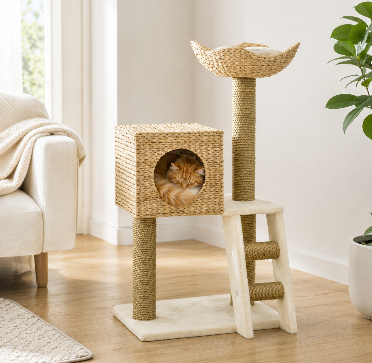Modern Cattail Weave Cat Tree Tower with Rattan Condo & Sisal Scratching Post | Velnesto