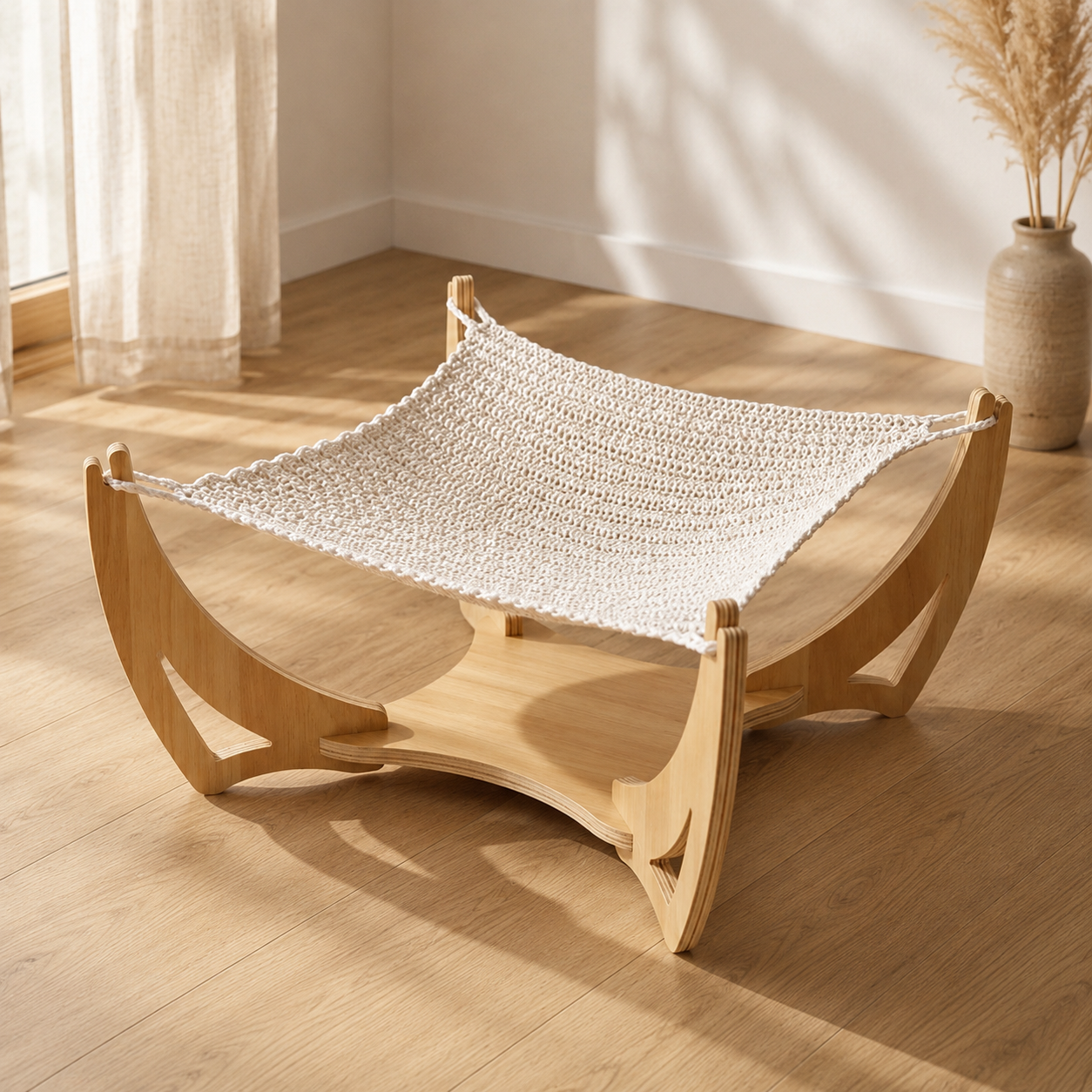 Woven Cat Sling Bed with Solid Wood Frame