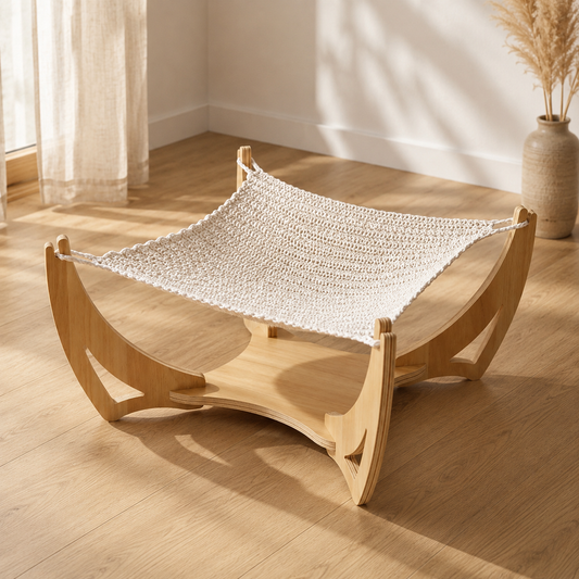 Woven Cat Sling Bed with Solid Wood Frame