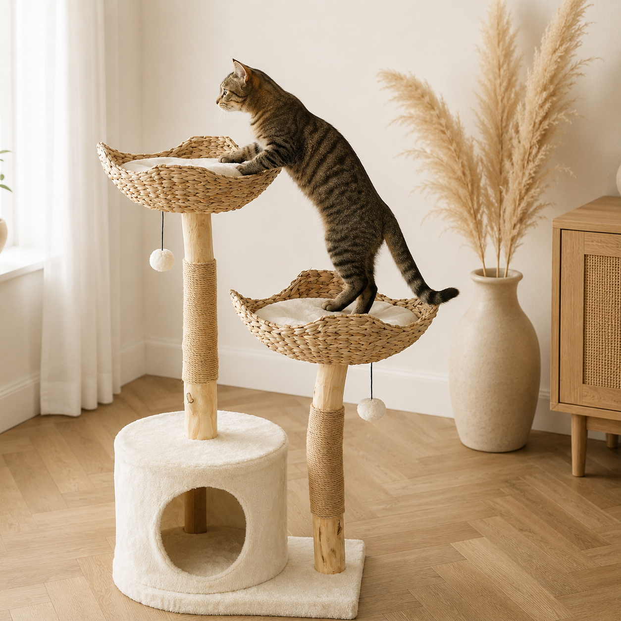 Modern Rattan Cat Tree with Wooden Scratching Posts Condo Hammock Beds Cushions Toy Balls Anti-Tip Kit
