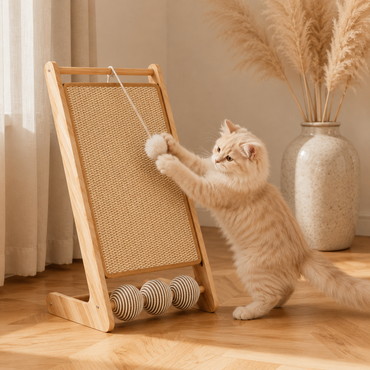 Vertical Sisal Cat Scratcher with Wooden Frame Hanging Teaser Ball and Roller Balls