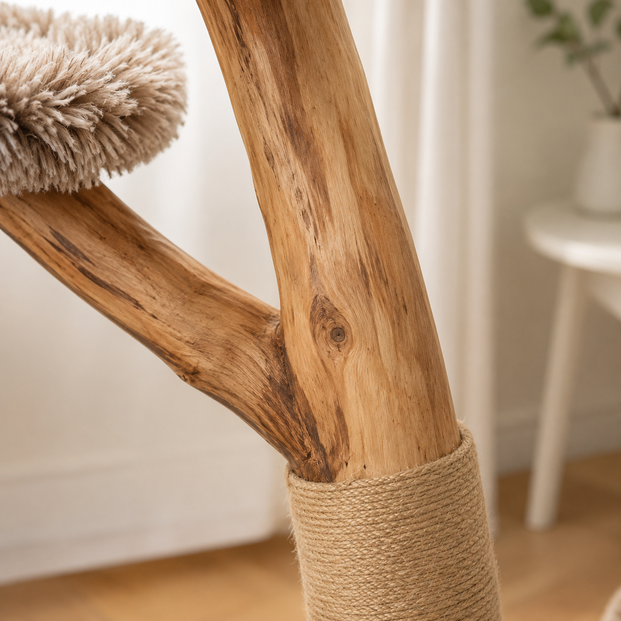 Natural Pear Wood Cat Tree with Plush Perches Jute Scratching Posts 4 Levels Anti-Tip Kit