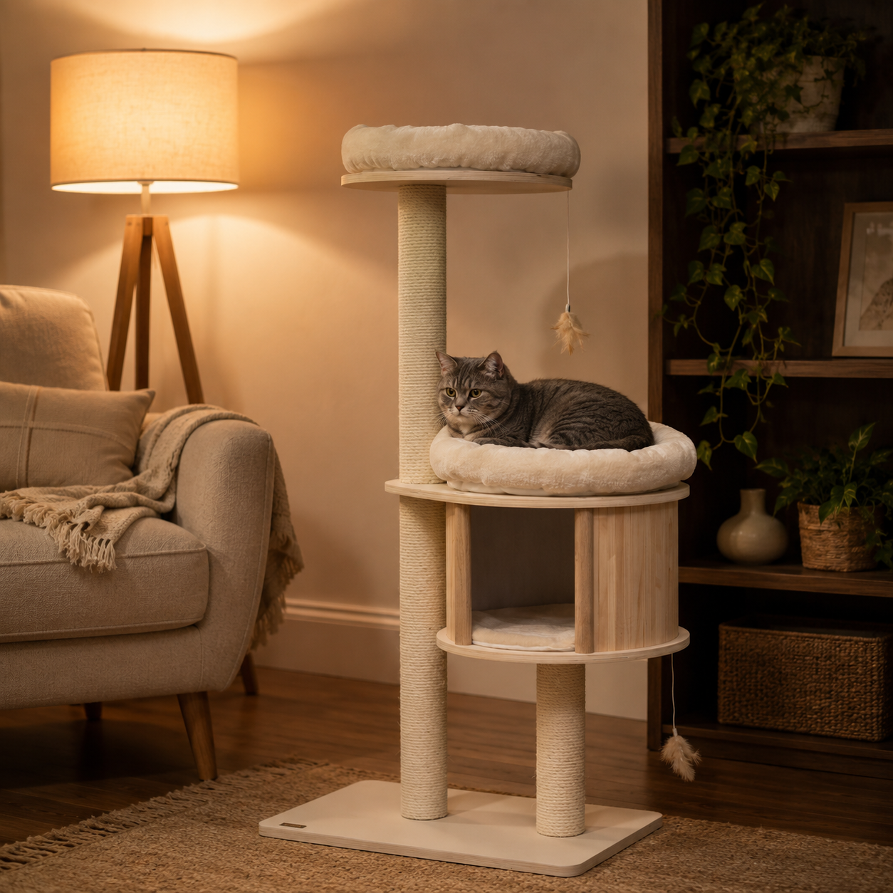 Modern Cat Tree with Sisal Scratching Posts Wooden Condo 3 Platforms Plush Perches Badminton Toys