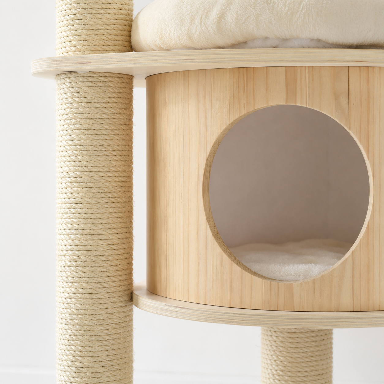Modern Cat Tree with Sisal Scratching Posts Wooden Condo 3 Platforms Plush Perches Badminton Toys